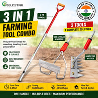 Fieldstar 3-in-1 Heavy Duty Farming Tool Combo | 4Ft Handle, Weeder & 6-Blade Rake Garden Tool Kit (3 Tools)