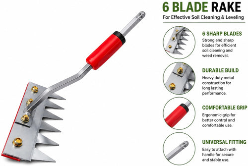 Fieldstar 3-in-1 Heavy Duty Farming Tool Combo | 4Ft Handle, Weeder & 6-Blade Rake Garden Tool Kit (3 Tools)