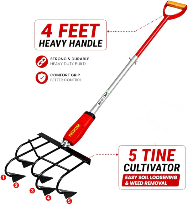 Fieldstar 5 Tine Hand Cultivator with 4 Ft Handle
