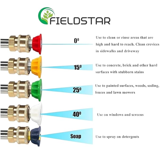 Fieldstar Premium 5-Piece 1/4-Inch Quick Connect Pressure Washer Nozzle Tips (0°, 15°, 25°, 40°, 65°) – Universal for 4000 PSI, Suitable for All High Car Washers