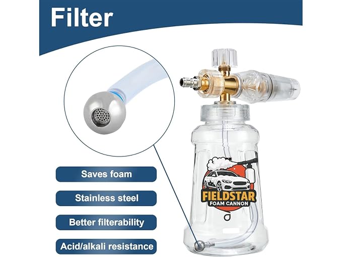 Fieldstar Foam Cannon for Pressure Washer, Snow Clear Foam Cannon for Car Wash | Adjustable Nozzle Foam Lance with 1/4" Quick Connect | Stainless Steel Filter & Heavy Duty Bottle Compatible with JPT