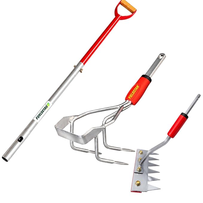 FIELDSTAR Garden & Agriculture Tool Kit | Carbon Steel Cultivator + Rake Weeder + 120 cm 4 Feet Click Lock Handle Heavy Duty Manual Tools for Gardening, Farming & Weeding Combo of 3 Made in India