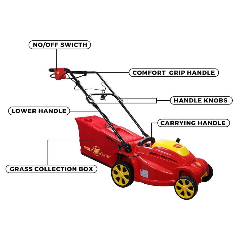 FIELDSTAR with Wolf Garten 18Bkmjl2650 1800W 3500 RPM Electric 3-in-1 Lawn Mower,16 Inch Winged Blade,Maximum Mowing Area 450 Metre Square,Soft Grip Handle,45 L Grass Catcher