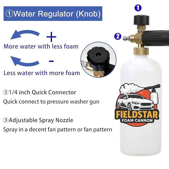 Fieldstar Foam Cannon for Pressure Washer | 1L Bottle with 1/4” Quick Connector + 5 Nozzle Tips | Heavy-Duty Snow Foam Lance for Car, Bike & Home Cleaning