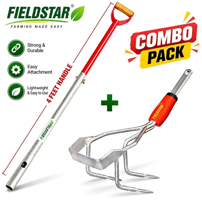 Fieldstar Heavy Duty Garden & Agriculture Tool Kit | Carbon Steel Cultivator + 120 cm (4 Feet) Click Lock Handle | Manual Weeder for Gardening & Farming | Combo of 2 | Made in India