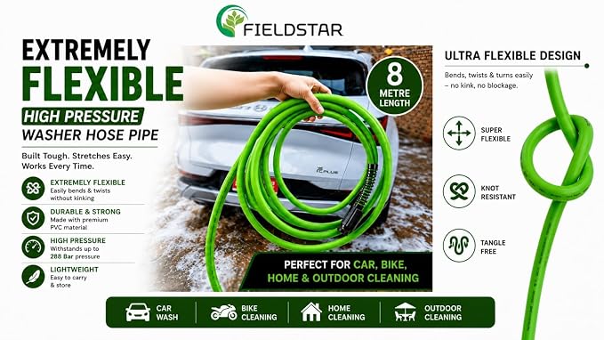 Fieldstar Car Washer High Pressure Hose Pipe 8 Metre | Ultra Heavy Duty Flexible Double Layer PVC Washer Pipe | Standard M22 x 15MM Thread | Compatible with STARQ VANTRO AIMEX, GAOCHENG SHAKTI & More
