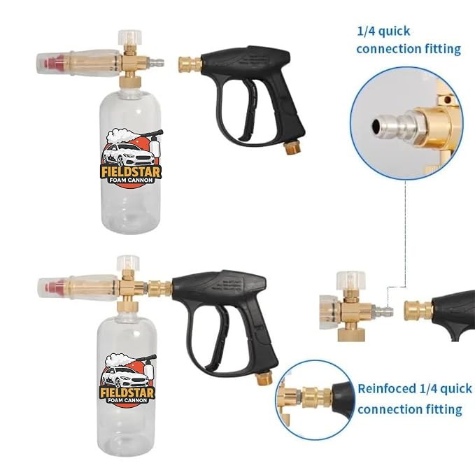 Fieldstar Professional Foam Cannon Snow Lance | Solid Brass Body with 1/4” Quick Connector | Compatible with JPT, Starq, Agaro, Shakti Pressure Washers | 1L Capacity | Max Pressure 4000 PSI