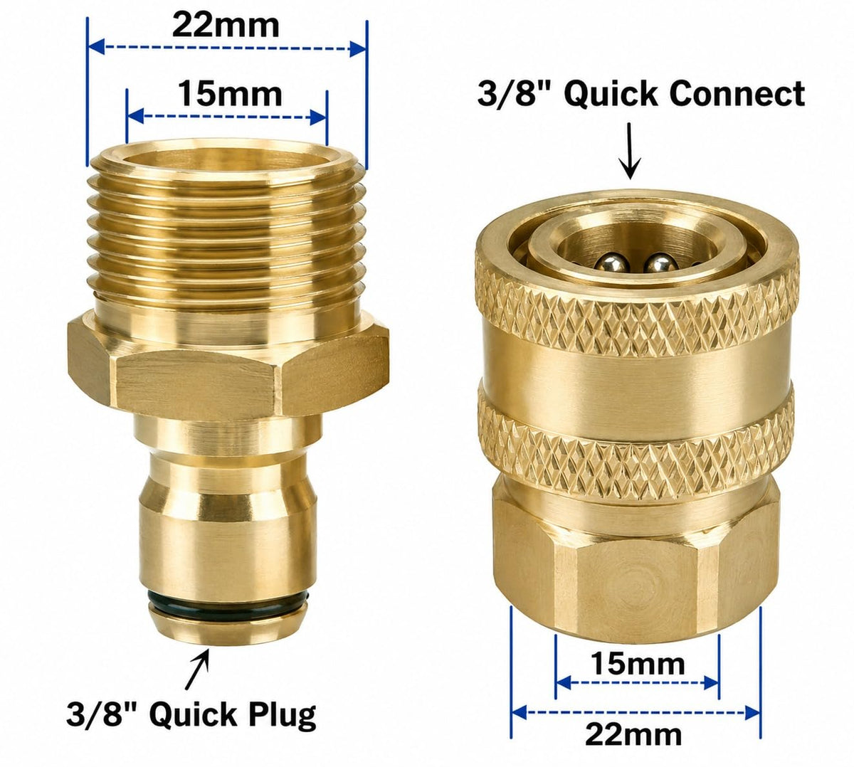 Fieldstar Brass Quick Connect Adapter Set for Pressure Washer Hose Pipe, M22 x 15 mm, 2 Male + 2 Female Fittings, Leak-Proof Quick Couplers, Compatible with Most Car Wash Pressure Washer Hoses