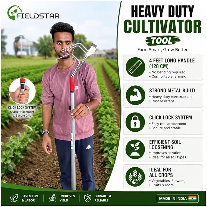 FIELDSTAR Garden & Agriculture Tool Kit | Carbon Steel Cultivator + Rake Weeder + 120 cm 4 Feet Click Lock Handle Heavy Duty Manual Tools for Gardening, Farming & Weeding Combo of 3 Made in India