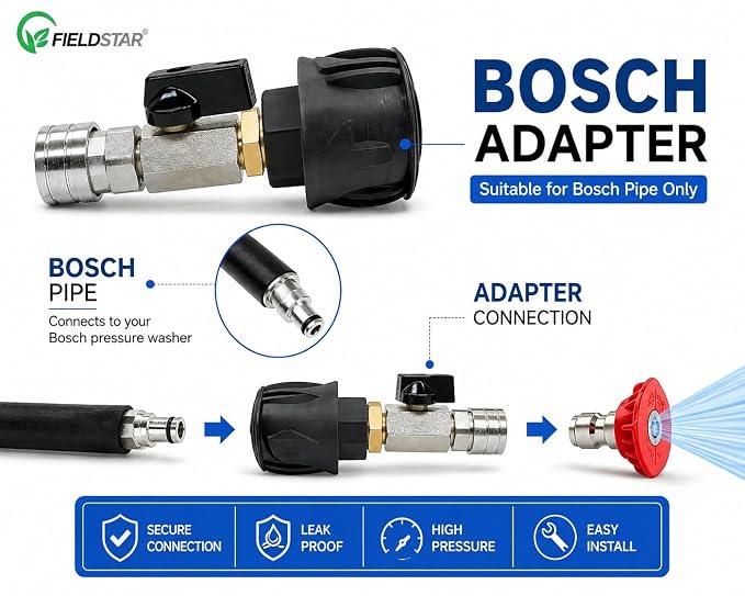 Fieldstar Brass Adapter for Bosch Type Car Washer Pipe | 5° High Pressure Nozzle | Quick Connect | Leak-Proof Heavy Duty Brass Fitting- for Bosch Type only