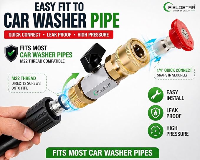Fieldstar Pressure Washer Nozzle Kit with Connector (5 Spray Nozzles), M22 to 1/4” Quick Connect, High Pressure Car Wash Spray, Fits Most Car Washer Pipes