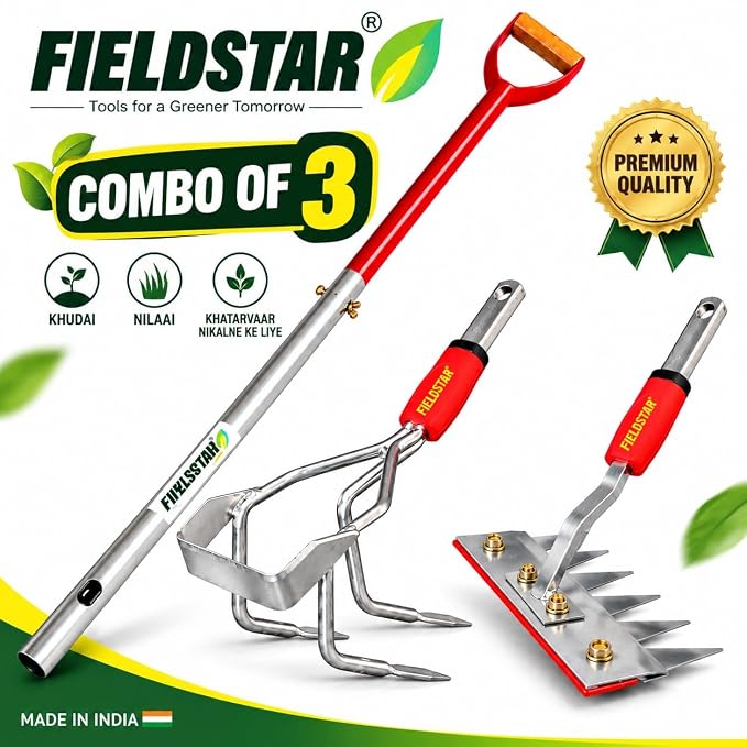 FIELDSTAR Garden & Agriculture Tool Kit | Carbon Steel Cultivator + Rake Weeder + 120 cm 4 Feet Click Lock Handle Heavy Duty Manual Tools for Gardening, Farming & Weeding Combo of 3 Made in India